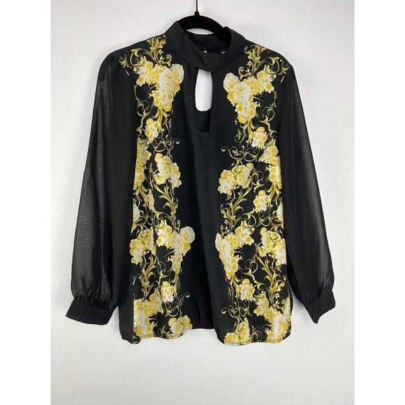 Womens Black & Yellow Floral Long Sleeve Blouse By 7th Avenue Design Studio - Picture 1 of 3